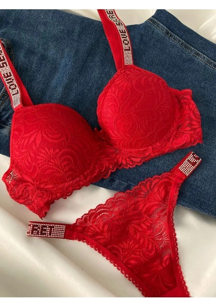 Kadın Kırmızı Dantelli Taşlı Balenli Destekli Dolgulu Push Up Sütyen Takımı Iç Çamaşırı Takımı fiyatları