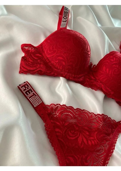 Kadın Kırmızı Dantelli Taşlı Balenli Destekli Dolgulu Push Up Sütyen Takımı Iç Çamaşırı Takımı modelleri