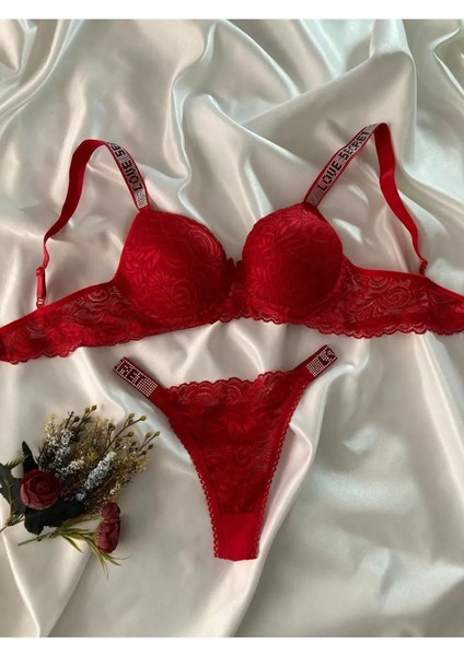 Kadın Kırmızı Dantelli Taşlı Balenli Destekli Dolgulu Push Up Sütyen Takımı Iç Çamaşırı Takımı fırsatları