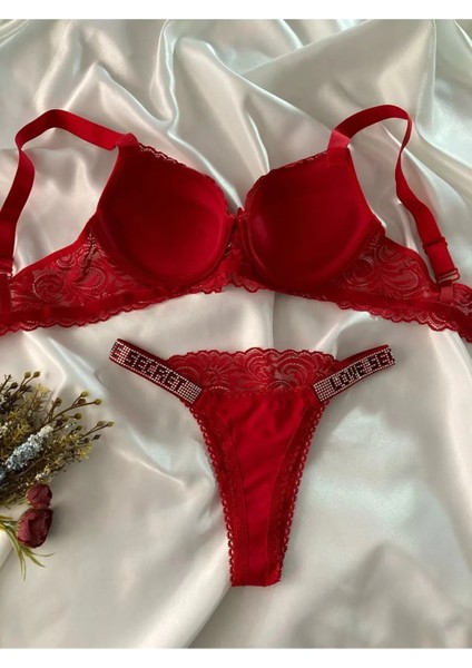 Kadın Kırmızı Dantelli Taşlı Balenli Destekli Dolgulu Push Up Sütyen Takımı Iç Çamaşırı Takımı indirimleri