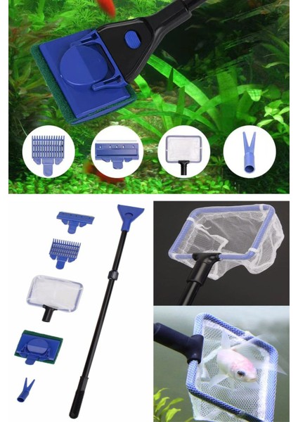 5 In 1 Uzun Saplı Akvaryum Cam Pislik Temizleme Bakım Seti Sünger Silecek Balık Kepçesi