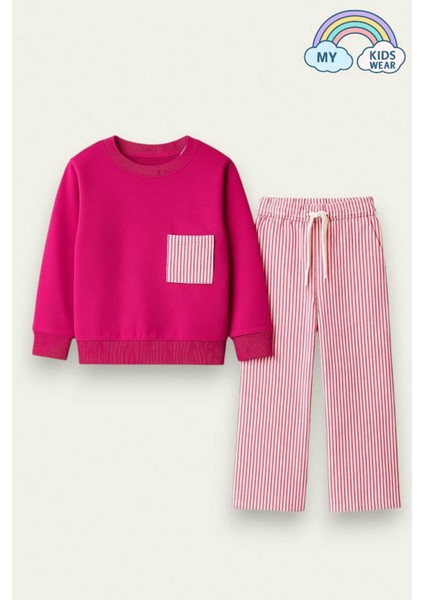 Kız Çocuk Sweatshirt ve Pantolon Takımı – Pembe Çizgili 2-10 Yaş 12016