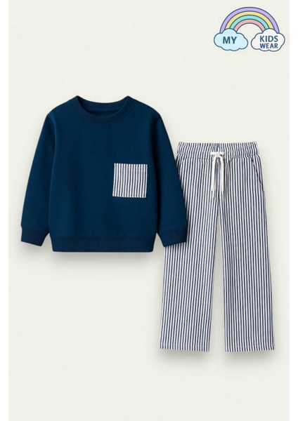 Kız Çocuk Sweatshirt ve Pantolon Takımı – Lacivert Çizgili 2-10 Yaş 12018