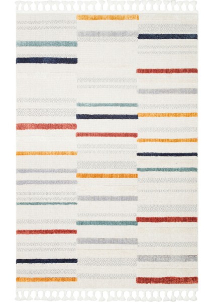 Mellieha Ekru Çizgili Etnik Modern Desenli Hav Vermeyen Leke Tutmayan Kolay Temizlenen Yumuşak Makine Salon Yolluk Mutfak Halı