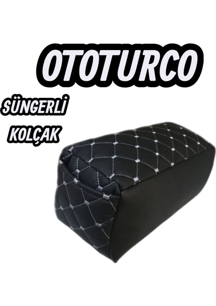 Lüks Deri Araba Oto Kolçak Sünger Kolçak Kol Dayama Baklava Desen Siyah Deri Gümüş Nakış