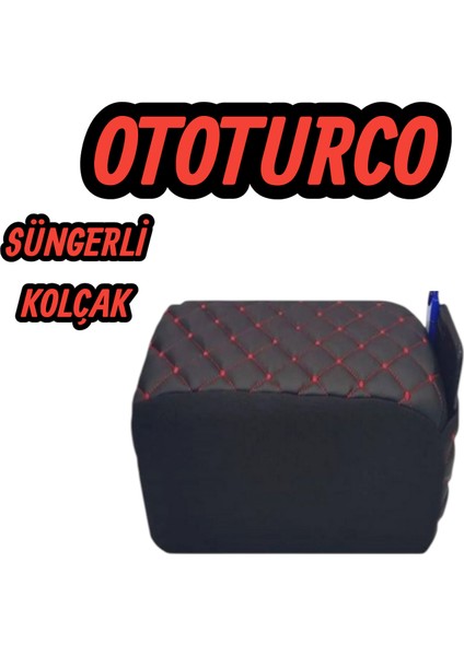 Lüks Deri Araba Oto Kolçak Sünger Kolçak Kol Dayama Baklava Desen Siyah Deri Kırmızı Nakış