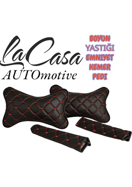 Her Araca Uyumlu Oto Yastık - Emniyet Kemer Pedi Seti ( Siyah-Kırmızı )