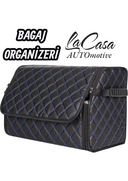 Oto Bagaj Organizeri Kapitone Deri Çanta Mavi Dikişli Siyah