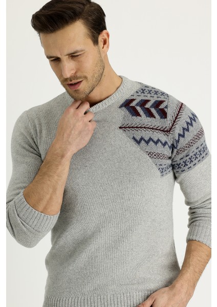 Bisiklet Yaka Desenli Yünlü Slim Fit Dar Kesim Triko Kazak