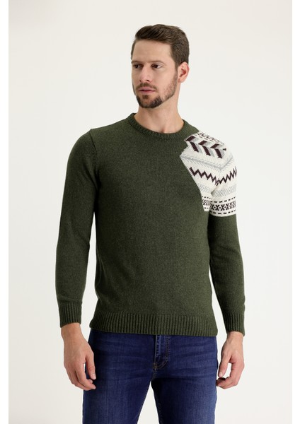 Bisiklet Yaka Desenli Yünlü Slim Fit Dar Kesim Triko Kazak