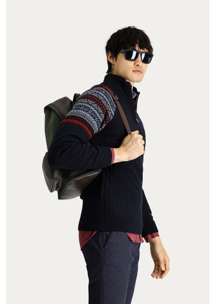Yarım Balıkçı Yaka Slim Fit Dar Kesim Fermuarlı Desenli Triko Kazak