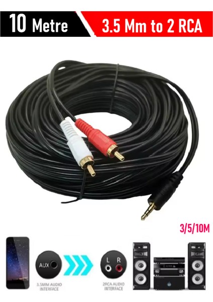 2rca Aux 3.5 mm Stereo Lale To 2 Rca Aux Ses Kablosu (10 Metre)