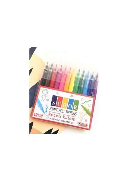 12 Parça Jumbo Keçeli Kalem Seti - Karışık Renkler, Dayanıklı ve Parlak, Çocuklar İçin Güvenli Desenli fiyatları