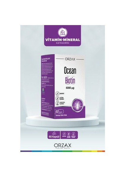 Orzax Ocean Biotin Takviye Edici Gıda - 60 Kapsül, 5000 mcg Biotin ile Saç ve Tırnak Sağlığını Destekler, Türkiye Menşeli fiyatları