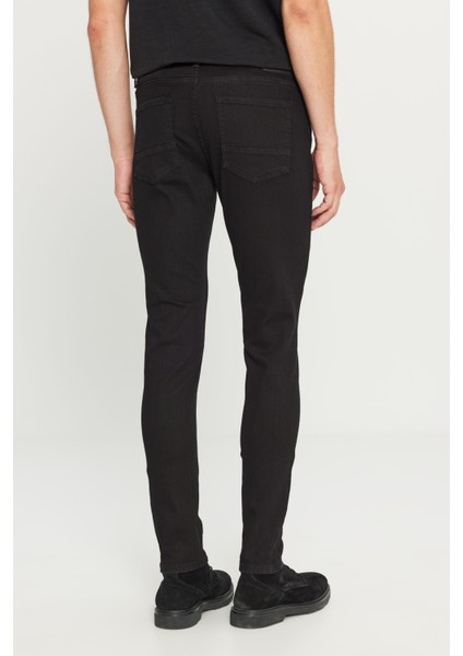Erkek Siyah Ekstra Slim Fit Dar Kesim Rıss Pamuklu Esnek Denim Jean Kot Pantolon