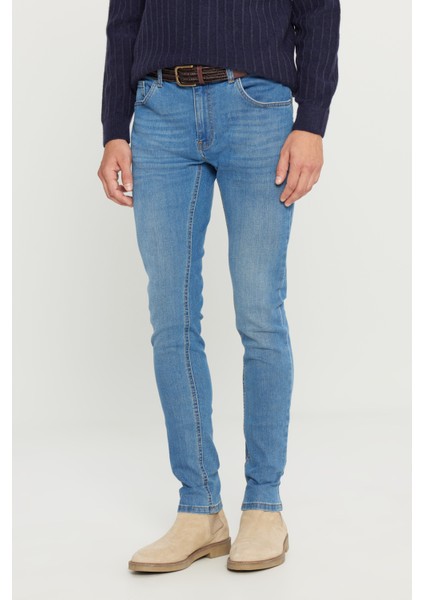 Erkek Açık Mavi Ekstra Slim Fit Dar Kesim Rıss Pamuklu Esnek Denim Jean Kot Pantolon