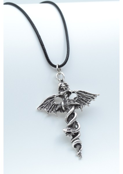 Kılıç Yılan Yarasa Gümüş Kaplama Deri İp Kolye