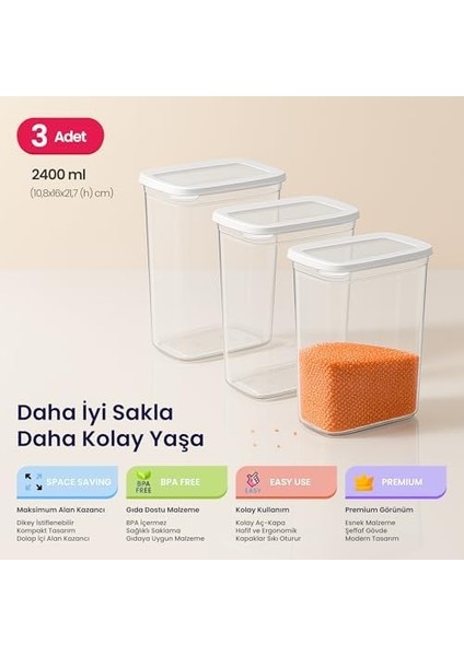 Life Tower Premium Dikdörtgen 3 Lü Saklama Kabı Seti - 2400 ml Geniş Hacim, Şeffaf Gövde ve Dikey Istifleme Konforu modelleri