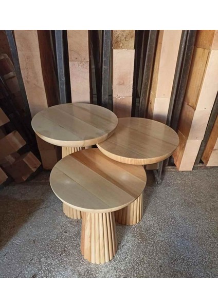 Doğal Masif Ahşap Mantar Sehpa 3’lü Set – Naturel Renk Zigon Sehpa Takımı