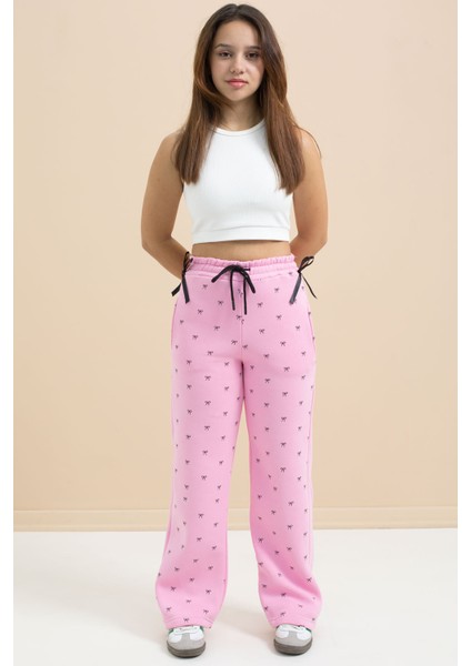 Pembe Fiyonk Baskılı Geniş Paça Kız Çocuk Şardonlu Eşofman Altı 23425