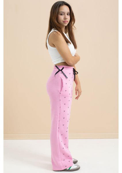 Pembe Fiyonk Baskılı Geniş Paça Kız Çocuk Şardonlu Eşofman Altı 23425 modelleri