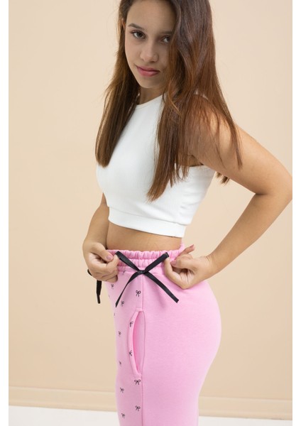 Pembe Fiyonk Baskılı Geniş Paça Kız Çocuk Şardonlu Eşofman Altı 23425 indirimleri