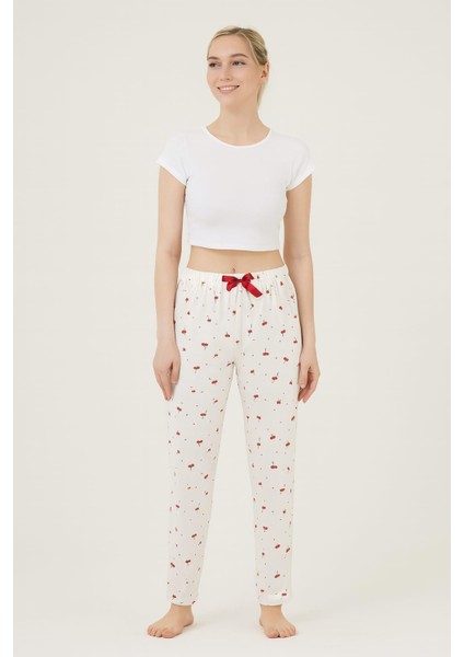 Kadın Kiraz Desenli Pamuklu Likralı Tek Alt Beyaz