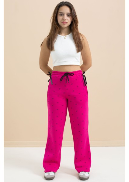 Fuşya Fiyonk Baskılı Geniş Paça Kız Çocuk Şardonlu Eşofman Altı 23429