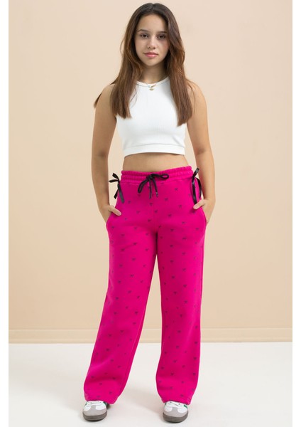 Fuşya Fiyonk Baskılı Geniş Paça Kız Çocuk Şardonlu Eşofman Altı 23429 modelleri