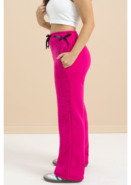 Fuşya Fiyonk Baskılı Geniş Paça Kız Çocuk Şardonlu Eşofman Altı 23429 indirimleri