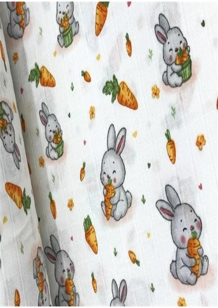 %100 Pamuk Tek Kat Müslin Bezi 90X90 cm Havuç Yiyen Tavşan