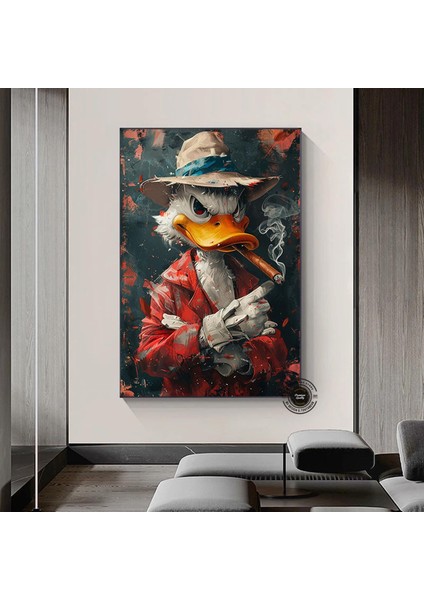 Tütün Içen Ördek Antika Portresi, Mizahi ve Farklı Ev Dekoru, Renkli Vintage Sanat