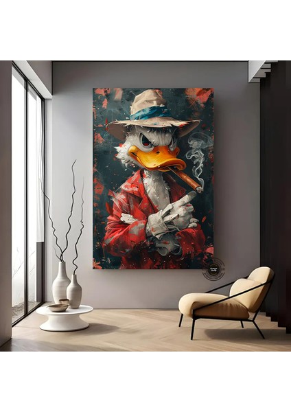 Tütün Içen Ördek Antika Portresi, Mizahi ve Farklı Ev Dekoru, Renkli Vintage Sanat