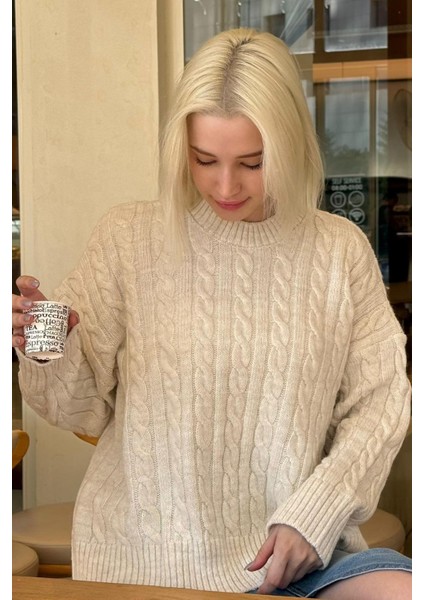 Ekru Bisiklet Yaka Örgü Desenli Kadın Triko Kazak MG2520 fiyatları