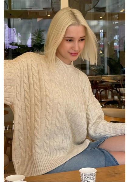 Ekru Bisiklet Yaka Örgü Desenli Kadın Triko Kazak MG2520 indirimleri