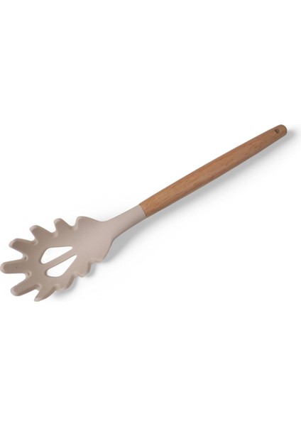 Bambu Saplı Silikon Makarna Servis Kaşığı - Isıya Dayanıklı, Yapışmaz, 3 Renk Seçenekli, 27CM - Uzun Saplı Makarna Kaşığı (Krem)