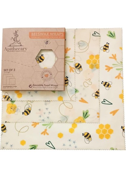 Balmumu Gıda Sargısı - Arı Desenli-Organik- Yeniden Kullanılabilir - Çevre Dostu - Sıfır Atık - Ekmek ve Sandviç Sargısı - Sürdürülebilir- Yeniden Kullanılabilir, 3'lü Set (S,m,l)