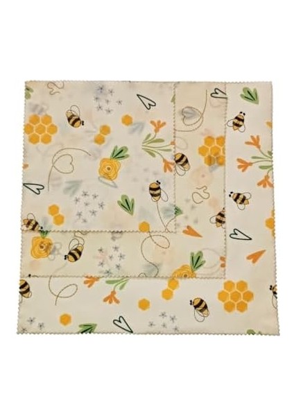 Balmumu Gıda Sargısı - Arı Desenli-Organik- Yeniden Kullanılabilir - Çevre Dostu - Sıfır Atık - Ekmek ve Sandviç Sargısı - Sürdürülebilir- Yeniden Kullanılabilir, 3'lü Set (S,m,l) modelleri