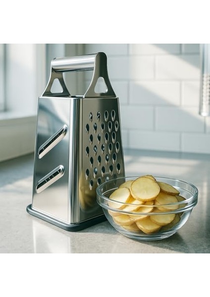 Paslanmaz Çelik 4 Taraflı Rende - 24 cm | Çok Amaçlı Mutfak Rendeleme Aracı | Peynir, Sebze, Meyve ve Patates Için | Kaymaz Tabanlı & Ergonomik Saplı modelleri