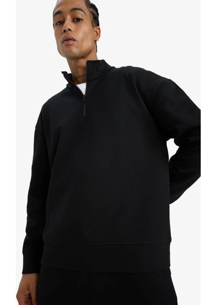 Boxy Fit Skuba Dalgıç Kumaş Siyah Erkek Sweatshirt E9363AX/BK81