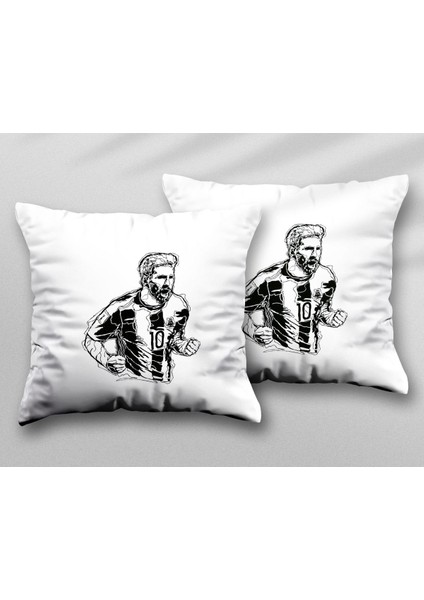 Messi Siyah Beyaz Barcelona Iki Adet Iki Tarafı Baskılı Yıkanabilir Yastık Kırlent Kılıfı