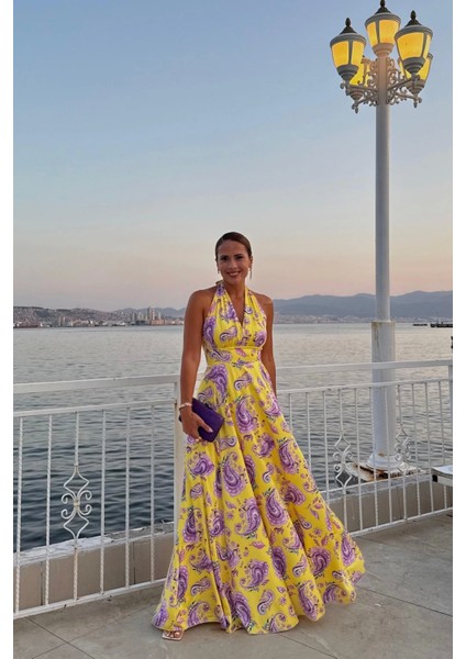 Sarı Desenli Boyundan Bağlama Detay Saten Elbise fiyatları