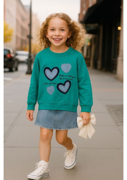 Kalp Desenli Kız Çocuk sweat - Yeşil