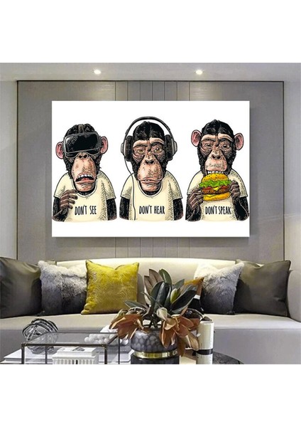3 Maymun Kanvas Sanatı, 3 Düşünen Maymun, Maymun Kanvası, Bilge Maymun, Hayvan Duvar Sanatı