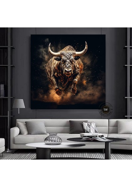 Boğa Kanvas Sanatı – Altın ve Siyah Yüklenen Boğa – Finans Bölgesi Duvar Dekoru, Ev ve Ofis Için