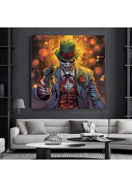 Silahlı Palyaço Kanvas Tablo – Üç Parçalı Takım Elbiseli Korku Sanatı