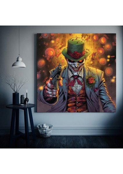 Silahlı Palyaço Kanvas Tablo – Üç Parçalı Takım Elbiseli Korku Sanatı fiyatları