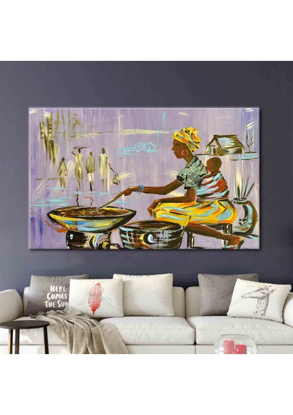 Afrika’da Yemek Yapan Anne Figürü, Etnik Duvar Sanatı, Nijerya Tarzı Kadın Figürlü Tablo