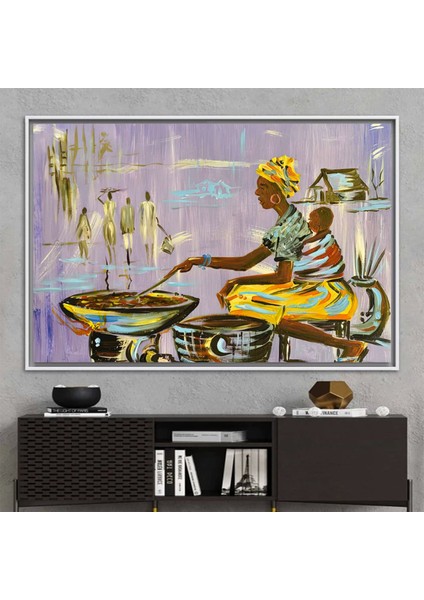 Afrika’da Yemek Yapan Anne Figürü, Etnik Duvar Sanatı, Nijerya Tarzı Kadın Figürlü Tablo