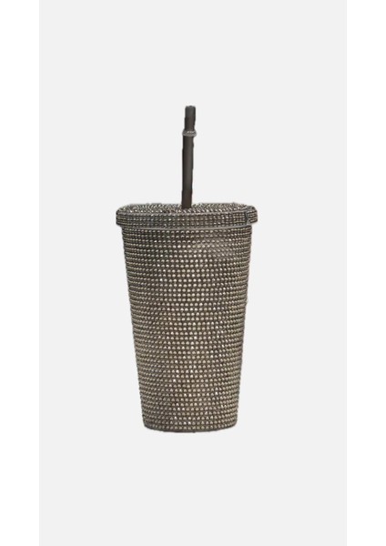 Rhinestones Parlak Taşlı Pipetli Çift Kat Soğuk Içecek Için Şık 500ML Mug Termos Bardak (Antrasit)